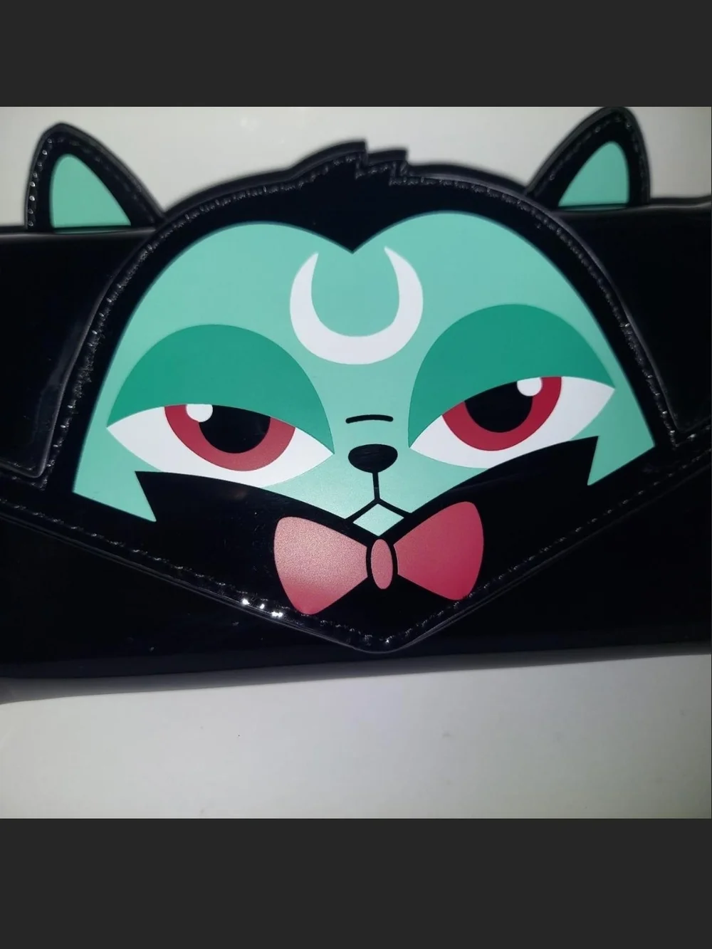 Killstar Black Patent Cat Face Clutch with Mint and Coral Details